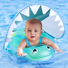 NYOBABE Baby Swimming Float for 6-36 Months,Inflatable Baby Pool Float SPF50+ Sun Canopy&Anti-Flip Tail,Baby Swimming Ring for 6 9 12 18 24 36M,Adjustable Baby Neck Float Ring,Baby Bath Seat (L)
