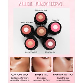 2Pcs Cream Blush Stick,Multi-Use Blush & Highlight Stick For Cheeks, Long Lasting Waterproof Jelly Blush Contour Stick, Natural-Looking Lightweight, Matte Bronzer Mini Blush Makeup For Women-3+4