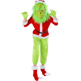 Costume Bay Monster Santa Christmas Xmas Green Big Monster Costume Fancy Dress Deluxe Furry Outfit Velvet Hooded Cosplay (7pcs Kids Monster Santa Set, L)