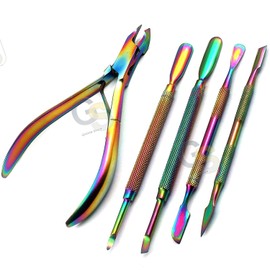 Cuticle Pusher Remover with Nipper Rainbow Stainless Steel Manicure Nail Art Tool Set by G.S ONLINE STORE