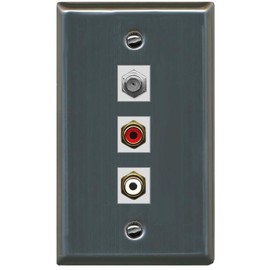 RiteAV 1 Port Coax Cable TV Wall Plate with 2 x RCA (Red+White) Jacks - Flat [Stainless Steel]