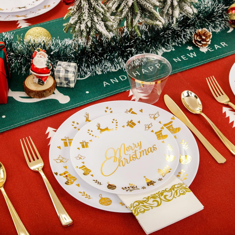 Ciaell 175 Pieces Christmas Plastic Plates - Christmas Gold Plastic