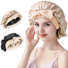 Silmana Silk Bonnet for Sleeping Women, 22 Momme Double-Layer Silk Hair Wrap for Sleeping, 100% Mulberry Silk, Double-Sided Wearable, for Nighttime Hair Care, Suitable for All Hair Types - Champagne
