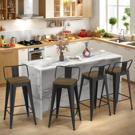 24 Inch Bar Stools Set of 4, Metal Stools for Kitchen Counter with Wood Seat, Low Back Industrial Barstools (Matte Black)