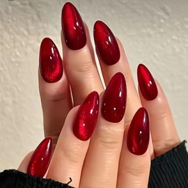 Burgundy Press on Nails Almond Medium Fake Nails with Cat Eyes Designs Red Nails Press ons Glossy Glue on Nails Winter False Nails Daily Wear Natural Acrylic Nails Stick on Nails for Women 24Pcs