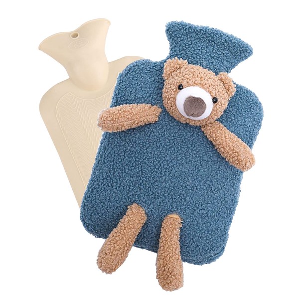 TSLBW Hot Water Bottle with Plush Cover Soft Miniature Hot Water Bag Classic Rubber Hot Water Bottle for Cozy Nights, Back, Pain Relief, Neck and Shoulders,Great Gift for Women Kids Blue