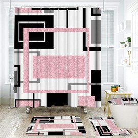 Onalasyc 4Pcs Pink Geometric Shower Curtain with Rugs Set Waterproof Pink Bathroom Sets with Shower Curtain and Rugs Abstract Geometric Modern Bathroom Curtains Shower Set with 12 pcs Hooks