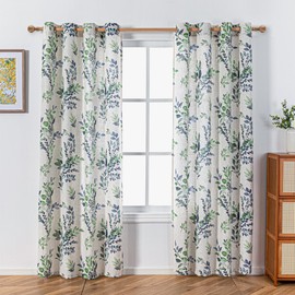 MYSKY HOME Linen Sheer Curtains for Living Room Leaf Patterned Semi Vertical Drapes Decor Farmhouse Style Texture for Dining Room Light Soften Privacy, Green, W52 x L84, Pack-2