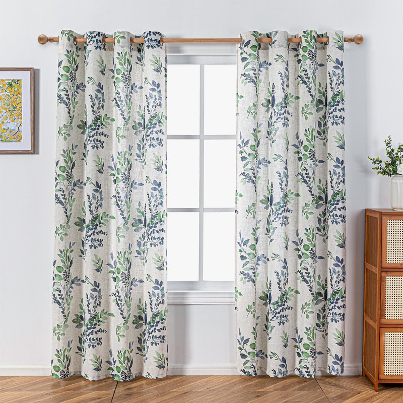 MYSKY HOME Linen Sheer Curtains for Living Room Leaf Patterned