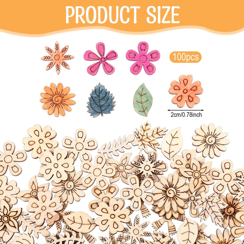 100 Pcs Unfinished Wood Flowers Wood Slice, Flower Leaf Embellishments