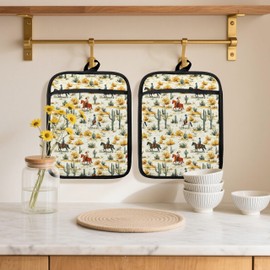 Fyecoluo Rustic Western Pot Holders 2 Pack Set, Western Kitchen Decor, Southwestern Country Cowboy Cactus Desert Heat Resistant Oven Hot Pads for Kitchen Cooking Countertop Baking，079 Potholder
