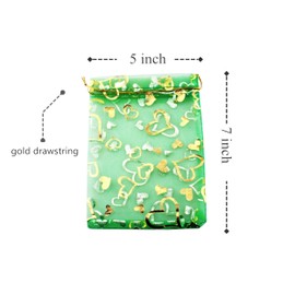 QIANHAILIZZ 5 x 7 Inch 100 pcs Heart Flower Organza Jewelry Gift Pouch Candy Pouch Drawstring Wedding Favor Bags P835 (green heart)