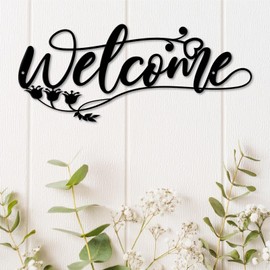 Welcome Metal Sign, Black Metal Cutout Welcome Wall Decor,12 Inch Welcome Signs Wall Art, Modern Hanging for Front Door, Home, Office Decor (Style 1)