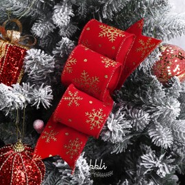 Ribbli Red Velvet Wired Ribbon with Glitter Snowflake 2-1/2 Inch x Continuous 10 Yard Christmas Ribbon for Big Bow,Gift Wrapping,Wreath,Tree Decoration