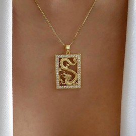 TseenYi Dragon Squear Pendant Necklace Gold Dragon Totem Necklace Hollow Carved Dragon Necklace Crystal Squear Hollow Chain Chain Jewellery for Women and Girls Gifts