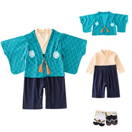 YOOCHUENG Baby Bodysuits Kimono Romper Long Sleeve Japanese Baby Kimono Toddler Onesies Cotton for Baby Boys and Girls with 2 Pairs of Socks, Baby Boy-Blue See-2 Tracks