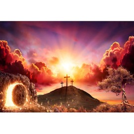 Caaerttply He is Risen Backdrop 10x8ft Easter Jesus Cross Photography Backdrop Holy Light Nativity Photo Backdrop Mountain Cave Sunset God Bless Background Kids Birthday Church Holy Week Party Banner