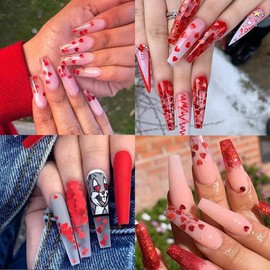 12 Grid Red Heart Nail Art Stickers - Love Decals with Sequins & 3D Hearts for Valentine's Day & Acrylic Nails