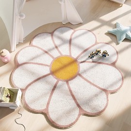 TEMBR Flower Shaped Round Area Rug,Washable Round Soft Floral Area Rugs for Living Room Girls Bedroom Fluffy Circle Nonslip Circular Indoor Floor Mat for Entryway Kitchen-47.2" Round,White&Pink