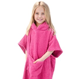 MissShorthair Kids Beach Poncho Towel with Hood, Swim Surf Changing Robe, Boys Girls Hooded Bath Towel 3-6 Years Fuchsia