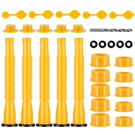 Gas Can Spout Replacement Kit, Gas Can Nozzle Replacement, Flexible Pour Nozzle Fit For 1/2/5/10 Gallon Gas Cans(5 Kit-Yellow). With Nozzle, Gas Vent caps, Rubber Gasket, Thread Caps, Drill Bit