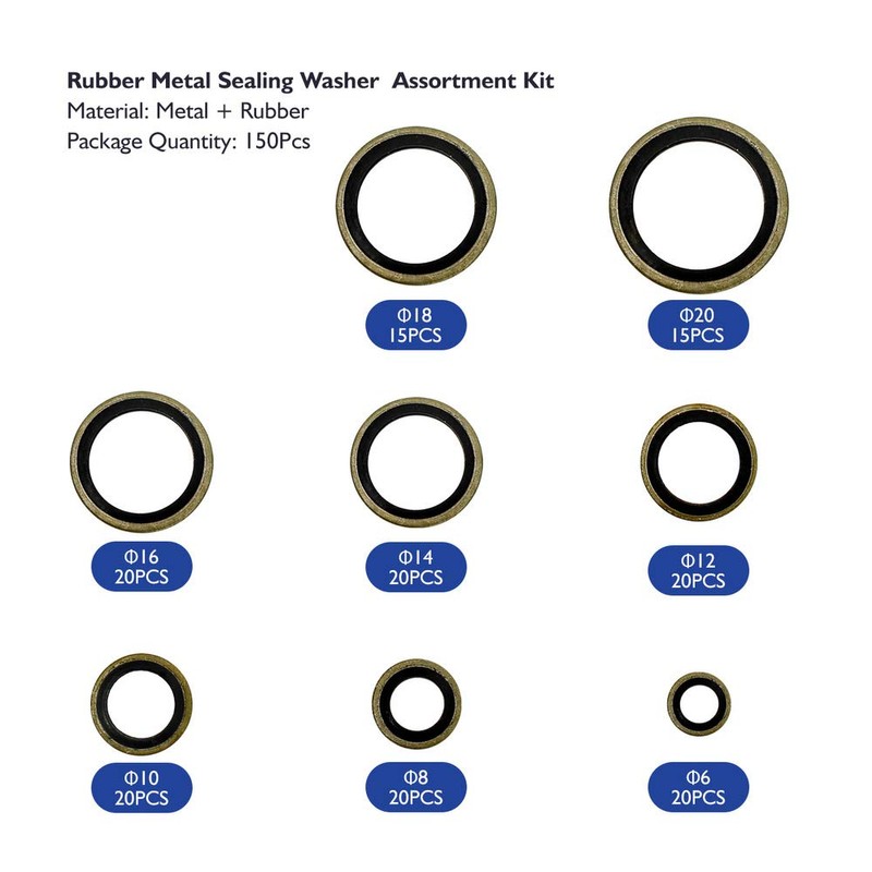 150Pcs Metal Bonded Seal Washer Assortment Kit Bonded Washer 8