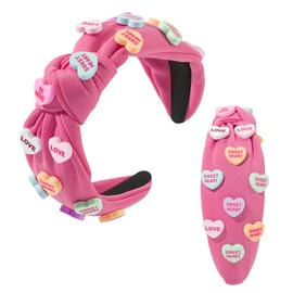 Valentine's Day Heart Candy Embellished Headband Love Heart Charm Knotted Hot Pink Headband Non Slip Wide Top Knot Fashion Hairband Party Gift for Women (rosy)