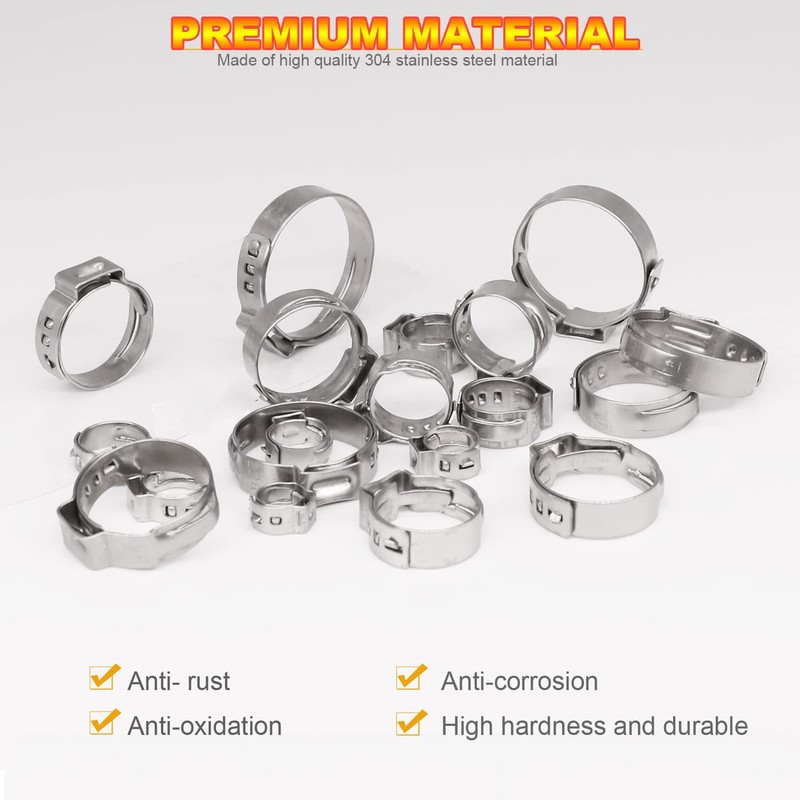 AKIHISA 420Pcs 20 sizes Single Ear Hose Clamps, 7-28.6mm 304