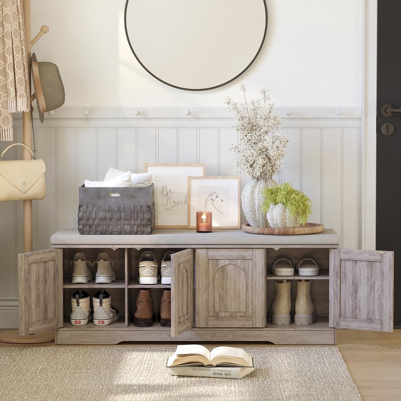 DINZI LVJ Shoe Bench, Entryway Storage Bench with Doors, Cushion,
