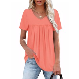 Womens Summer Tops Trendy Short Sleeve Womens T Shirts Pleated Work Teacher Dressy Casual 2025 Outfits Coral S