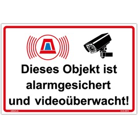 Sign "Objekt alarmgesichert und videoüberwacht" Sign 300 x 200 mm Landscape Format Sturdy Aluminium Composite Plate 3 mm Thick Includes 4 Corner Holes