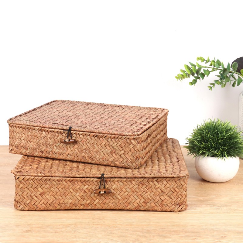 Moosky Flat Wicker Shelf Baskets with Lid, Handwoven Seagrass Basket