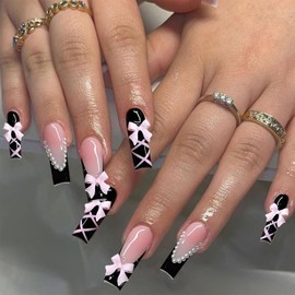 SEMATA Black Long French Tip Press on Nails Square Acrylic Fake Nails Press Ons with Glue Pearls Light Pink Cute Stick on Nail with Designs Bow Line Artificial Glue on False Nail for Women and Girls