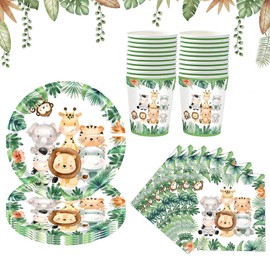 Jungle Safari Paper Plates Disposable Tableware, Animal Birthday Party Tableware for 20 Guests, Jungle Birthday Decoration Party Tableware, Paper Plates, Napkin Cup Party Decoration