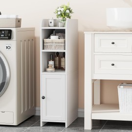 Homhedy Small Bathroom Storage Cabinet with Door, Slim Toilet Paper Storage with Right or Left-Hand Outswing Door, Bathroom Floor Cabinet for Small Spaces, 15.7" D x 7.9" W x 31" H, White