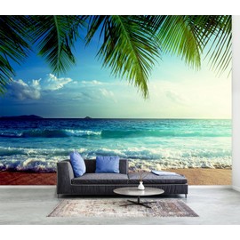 WFBHUA-Large Beach Scene Wallpaper Mural Dusk Waves Wall Murals for Bathroom Living Room Bedroom(Not Peel and Stick)