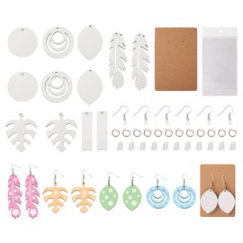 Spritewelry Sublimation Blank Earrings Kit 24pcs Sublimation Earring Blanks with Earring Hooks Earring Cards Jump Rings Leaf Feather MDF Wood Pendants for Women DIY Earring Project