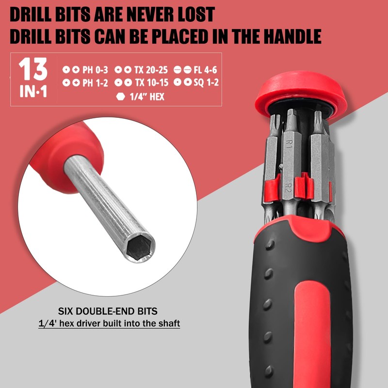 13-in-1 Ratcheting Screwdriver | Multi-Bit Storage | Retractable Cartridge |