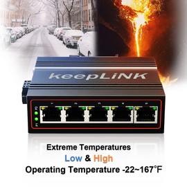 keepLiNK 5-Port Industrial Ethernet Switch, Unmanaged 10/100Mbps DIN-Rail Network Switch, IP40, Operating Temperature Range of -30°C– 75°C (-22°F – 167°F)