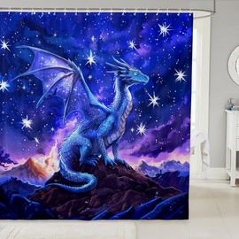Cortina de ducha de dragón, cortina de baño de galaxia azul morado, cortinas de ducha del espacio exterior para decoración de baño, cortina impermeable de cielo estrellado, cortina de baño de dragón