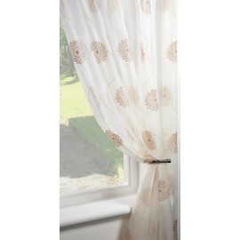 NetCurtainsUK Dahlia Cream/Gold Embroidered Voile Panel - Slot Top - Ready to Hang (135cm (53") x 137cm (54"))
