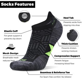 Busy Socks 3 Pack Women's Ankle Compression Arch Support Running Athletic Anti Blister Cushioned No Show Short Coolmax Cotton Socks for Men, Medium, Black