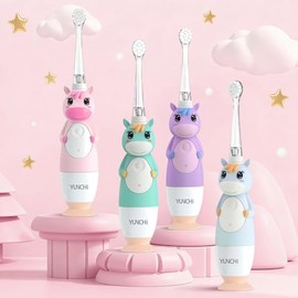 YUNCHI Toddler Electric Toothbrush Kids 0-3-6 Years, Baby Electric Toothbrush with Colorful LED Light, Battery Powered Toddler Toothbrush with 2 Minut