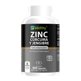 Wellthy Zinc, Cúrcuma y Jengibre 300 Cápsulas. L-Optizinc Fórmula Patentada de Alta Aborción por el Laboratorio Suizo Lonza. Solo 1 Cápsula al día, VCaps Cápsulas Veganas.