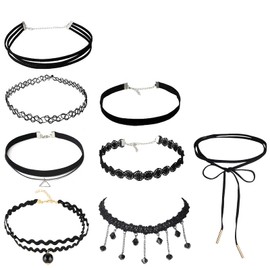 LULJY 8-Piece Gothic Necklace Choker Set, Black Classic Velvet Stretch Gothic Tattoo Lace Choker for Women Girls Party Dress Decorations, Rubber, alloy
