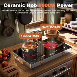 Cooksir 2 Burner Electric Cooktop - 24 Inch Portable Electric Stovetop 110V, 2000W Countertop Tow Burner Ceramic Cooktop with LCD Control Panel, Child Lock, Timer, Knob Control with Plug (Golden)