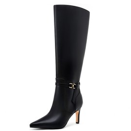 MOTIMODEN Women's Knee High Boots Women Mid Heel Pointed Toe Tall Boots for Women High Heel Side Zipper with Buckle Bow Knots Long Boots for Fall Winter XYY-M1012BK