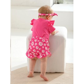 Infant Baby Girls Summer Clothes Newborn Daisy One-Piece Romper Bloomer Shorts Headband Set Outfit Set Pink 3-6 Months