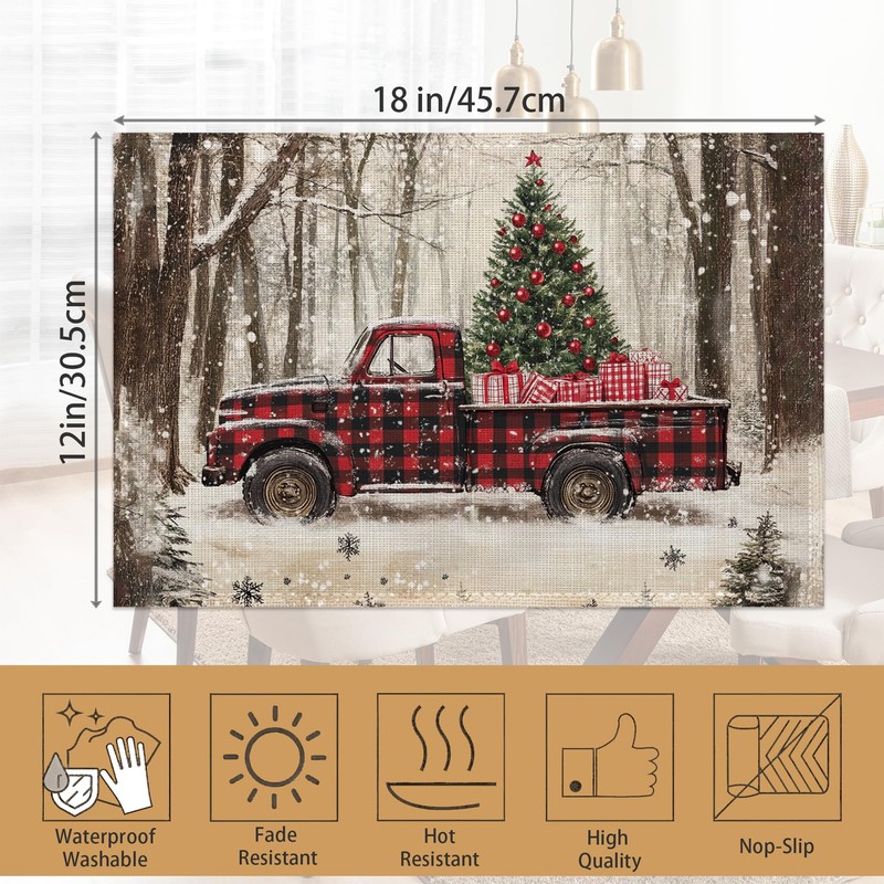 Red Truck Placemats Set of 6,Christmas Tree Waterproof Non-Slip Washable