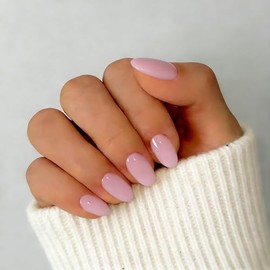 SXVME Uñas postizas cortas de gel suave, 32 piezas, 16 tamaños, rosa pastel transparente, ovaladas, reutilizables, con pegamento, color almendra natur